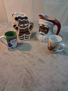 lot 90 image: Ceramic Holiday Mugs and Figurines Lot 5 Pieces Gingerbread Santa