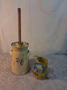 lot 105 image: Painted Tin Butter Churn with Dasher and Small Pitcher