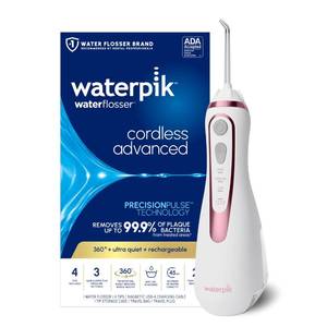 lot 39744 image: Waterpik Cordless Advanced Portable Water Flosser, Rechargeable, Rose Gold, VISIBLE USE. - Retail $100