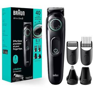 lot 39746 image: Braun All-in-One Style Kit Series 3 3450, 5-in-1 Trimmer for Men with Beard Trimmer, Ear & Nose Trimmer, Hair Clippers & More, Ultra-Sharp Blade, 40 Length Settings and Washable - Retail $40
