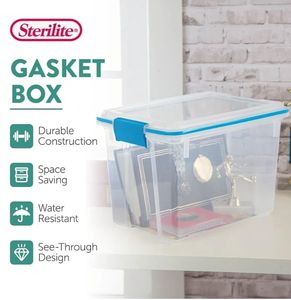 lot 39768 image: Sterilite Gasket Storage Box with Lids for Home & Office, 20 Quart, 2 Tubs & 6 Lids, TUBS HAVE CORNER DAMAGE. SEE LAST 2 PHOTOS. - Retail $15