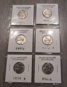 lot 511 image: Jefferson Nickel Lot of 6 Coins 1968 D 1970 D 1976 P 1979 P 1981 D (2)