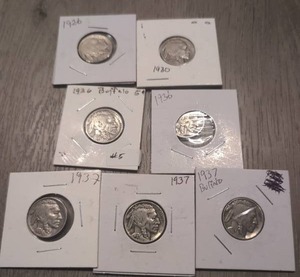 lot 512 image: Buffalo Nickel 5 Cent Coin Lot of 7 Dates 1926 1930 1936 1937