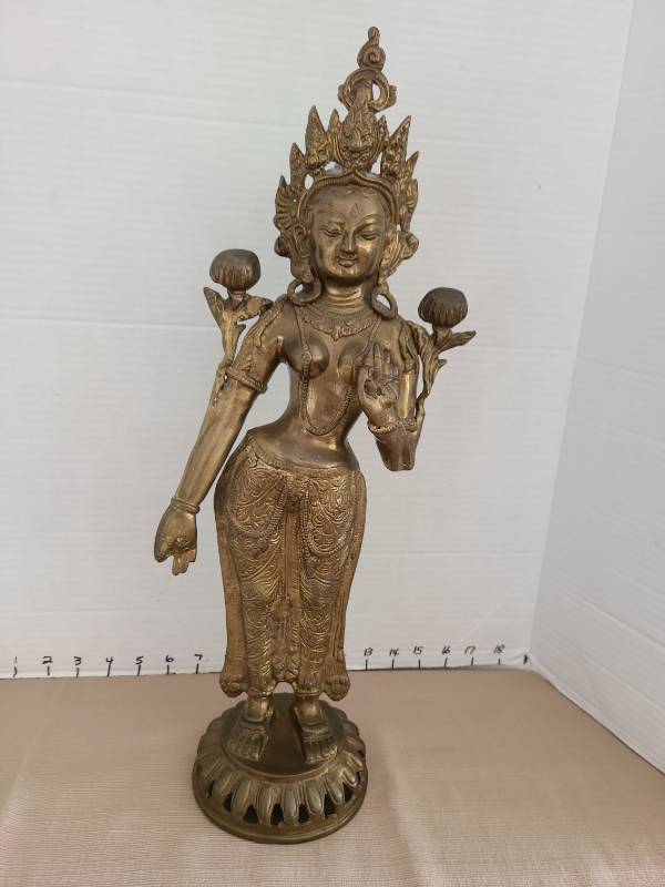 lot 1003 image: Solid Brass Standing Female HinduBuddhist Goddess, 20in tall, Made in India, heavy