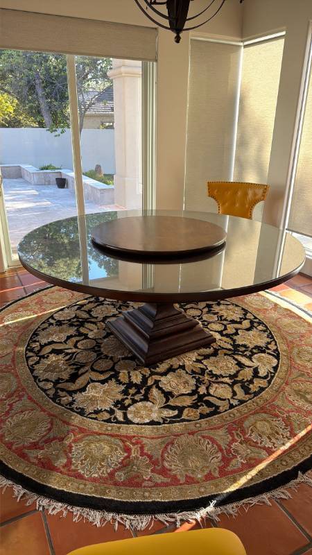 lot 8 image: Pedestal dining table with glass overlay and turntable 30.5 x 72 x 72 in