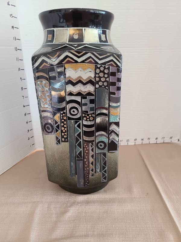 lot 1018 image: Glazed ceramic art pottery vase with Geometric motif, 14in tall
