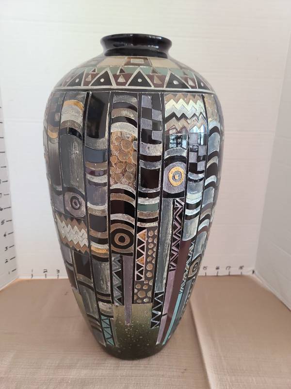 lot 1019 image: Glazed ceramic art pottery vase with Geometric motif, 17in tall