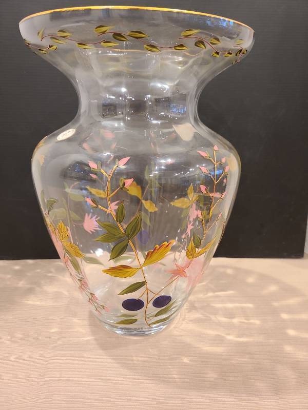 lot 1026 image: Crystal Clear Industries Handpainted Floral Design Crystal Vase, Gold-Tone Rim, 12in tall, Romania