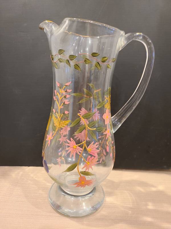 lot 1027 image: Crystal Clear Industries Handpainted Floral Design Crystal Pitcher, Gold-Tone Rim, 12in tall, Romania