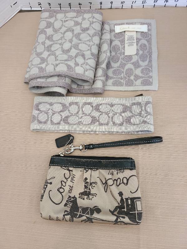 lot 1049 image: Coach Signature Pattern Scarf, Headband and Zip Wristlet Set