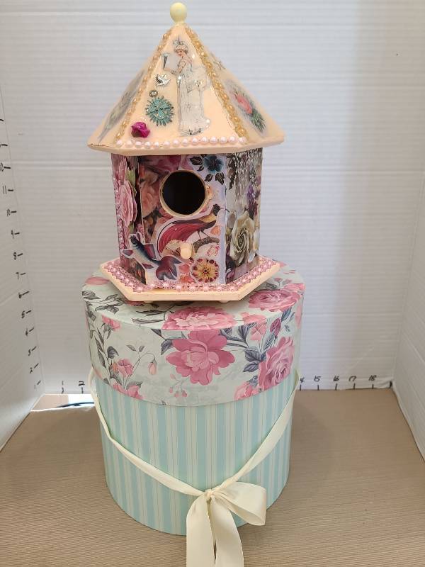 lot 1061 image: Victorian style bird house and decorative cylindrical box