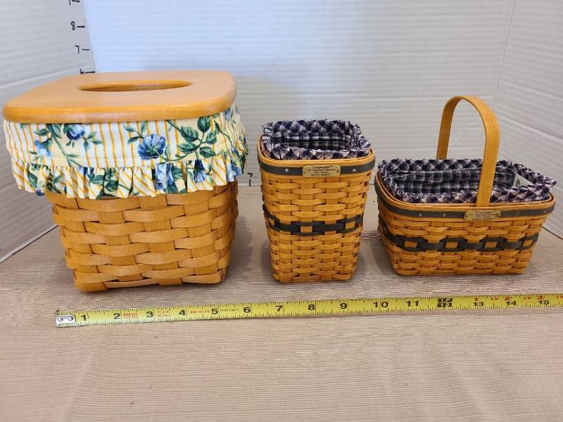 lot 1097 image: Longaberger J.W. Collection Miniature 1997 Waste Basket & 1996 Market Basket and tissue holder