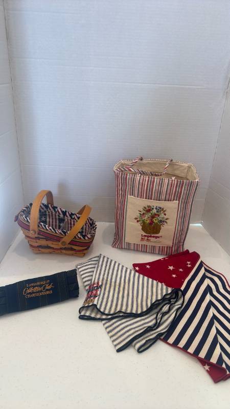 lot 1098 image: 1996 Longaberger All-American Summertime Sleigh Basket, Longaberger Homestead Market Stripe Floral Tiny Tote Bag and more