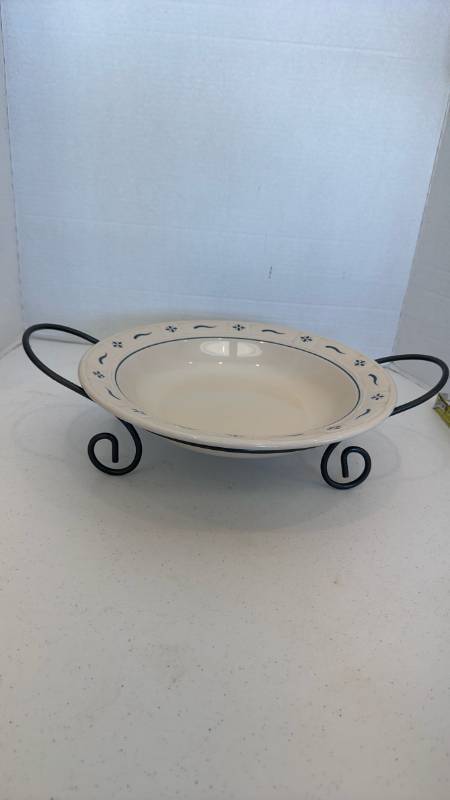 lot 1112 image: Longaberger Pottery Woven Traditions 12 inch pastasalad serving bowl with iron base with handles