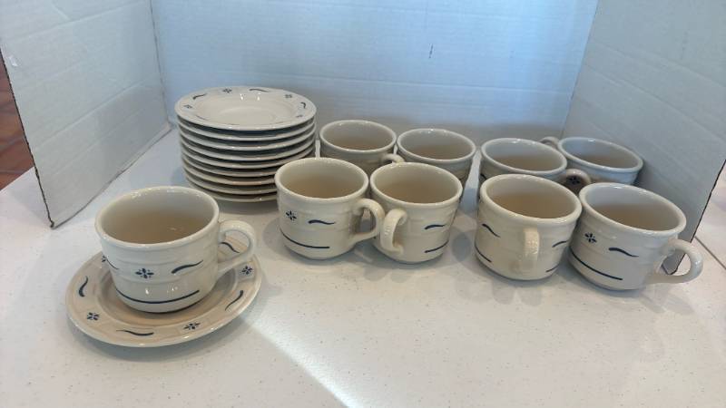 lot 1128 image: Longaberger Pottery Woven Traditions coffeetea cups and saucers service for 9 with extra saucer