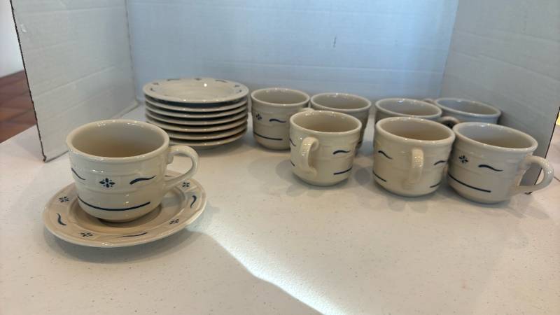 lot 1129 image: Longaberger Pottery Woven Traditions coffeetea cups and saucers service for 8