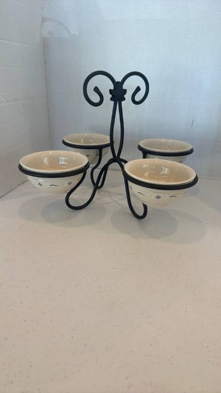 lot 1130 image: Longaberger wrought iron 4-bowl condiment and dessert server set
