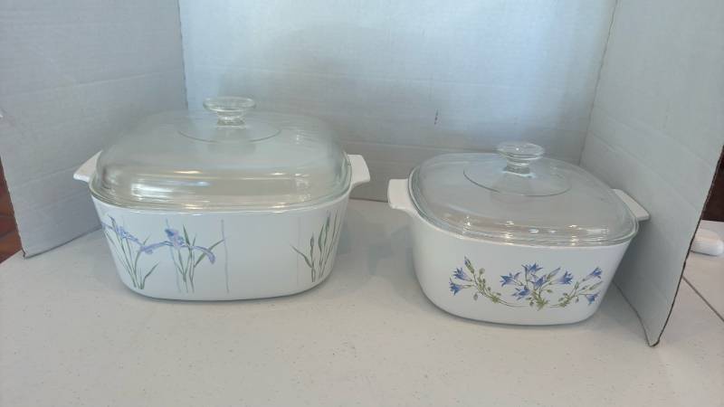 lot 1135 image: CorningWare covered casserole dish in the Shadow Iris pattern, and blue dial pattern