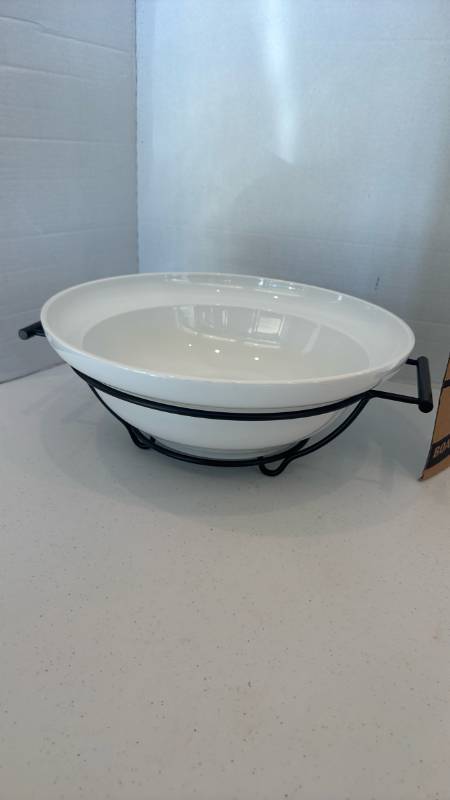 lot 1136 image: white serving bowl set in a black metal wire stand with side handles
