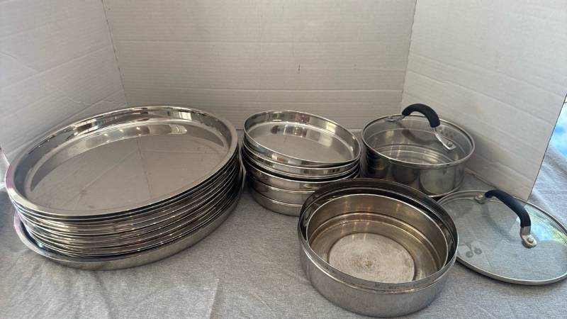 lot 1206 image: Lot of Round Metal Trays, Saucepan with Glass Lid and more