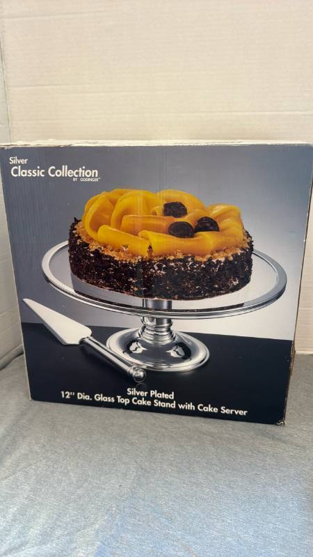 lot 1222 image: Godinger Silver Plated 12 in Glass Top Cake Stand no server