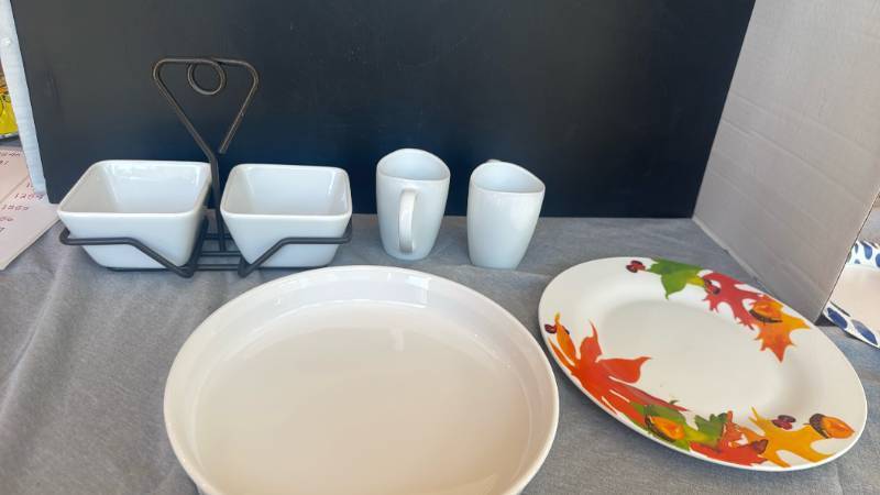 lot 1236 image: Dinnerware Lot 2 Mugs, 2 Square Dishes, Wire Caddy, and more