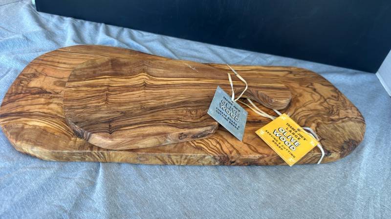 lot 1241 image: Trader Joes Olive Wood Serving & Cutting Board and Cheese Board, 2 Piece Lot