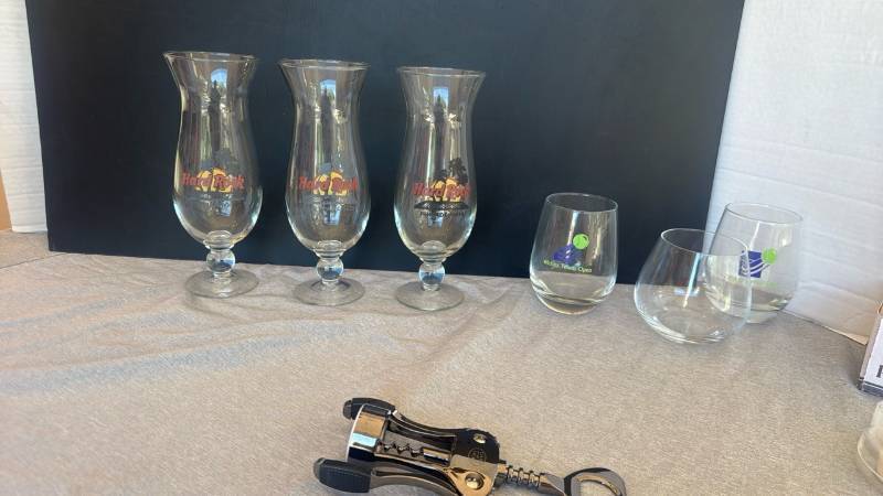 lot 1254 image: Hard Rock Cafe Hurricane Glasses Lot with Wichita Tennis Open Glasses and more