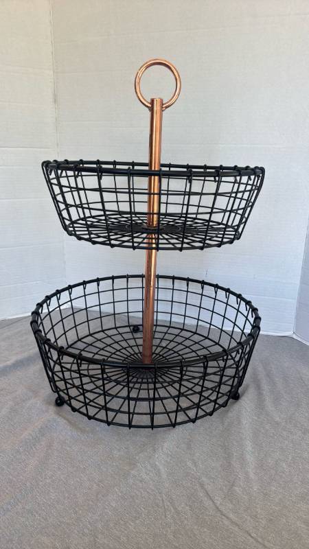 lot 1257 image: Two-Tier Fruit Basket Stand with Ring Handle, Black Grid Baskets 21 inches tall