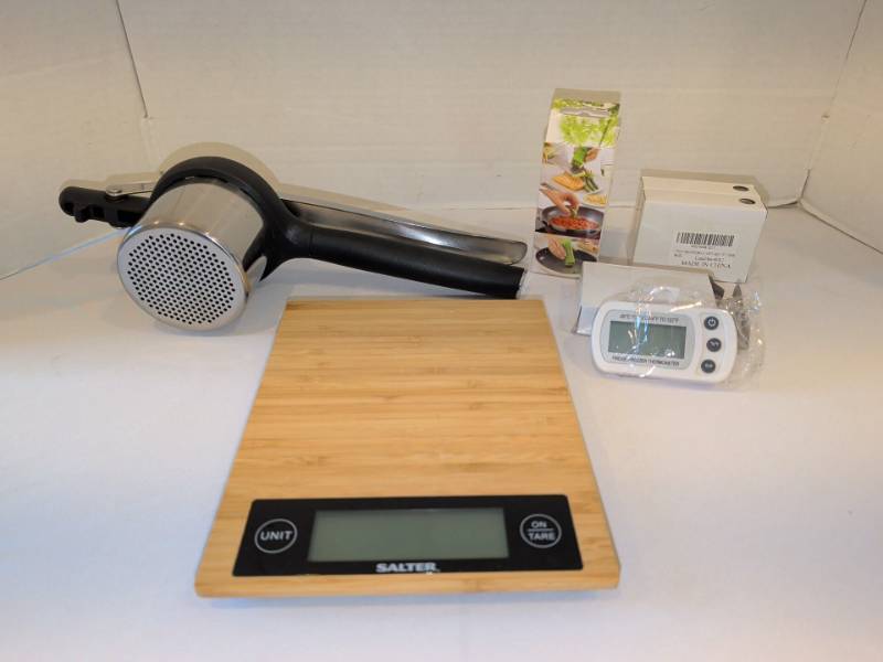 lot 1303 image: Kitchen Lot Salter Digital Scale, Lekue Herbstick, Fridge Thermometers, Ricer