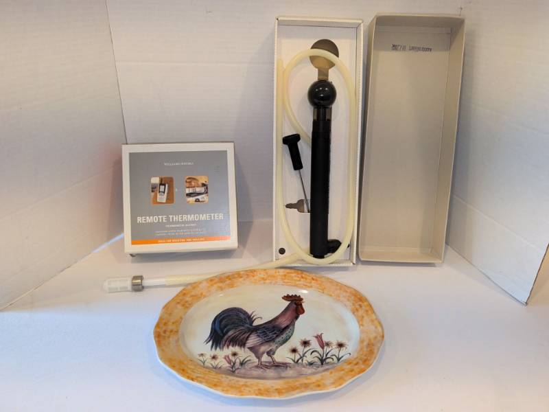 lot 1305 image: Williams-Sonoma Remote Thermometer,  F. Dick Brine Injector and rooster plate