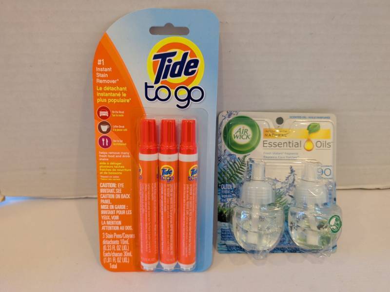 lot 1331 image: Tide To Go Stain Pens 3 Ct 10 mL  Air Wick Fresh Waters Scented Oil 2 Ct