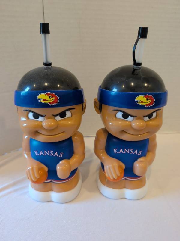 lot 1336 image: Kansas University Character Drinking Cups with Straws, Set of 2