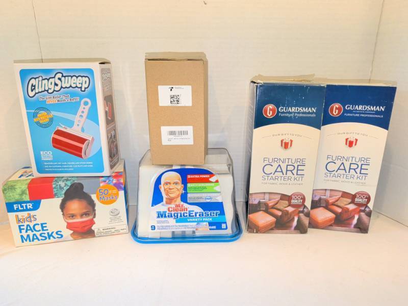 lot 1344 image: Household Cleaning Lot Mr. Clean Magic Eraser, Guardsman Kits, ClingSweep, FLTR Masks