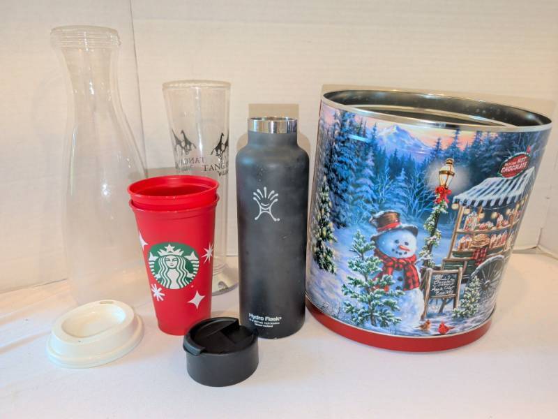 lot 1346 image: Mixed Lot Hydro Flask 21 oz Bottle Starbucks Red Cups Carafe and Tin