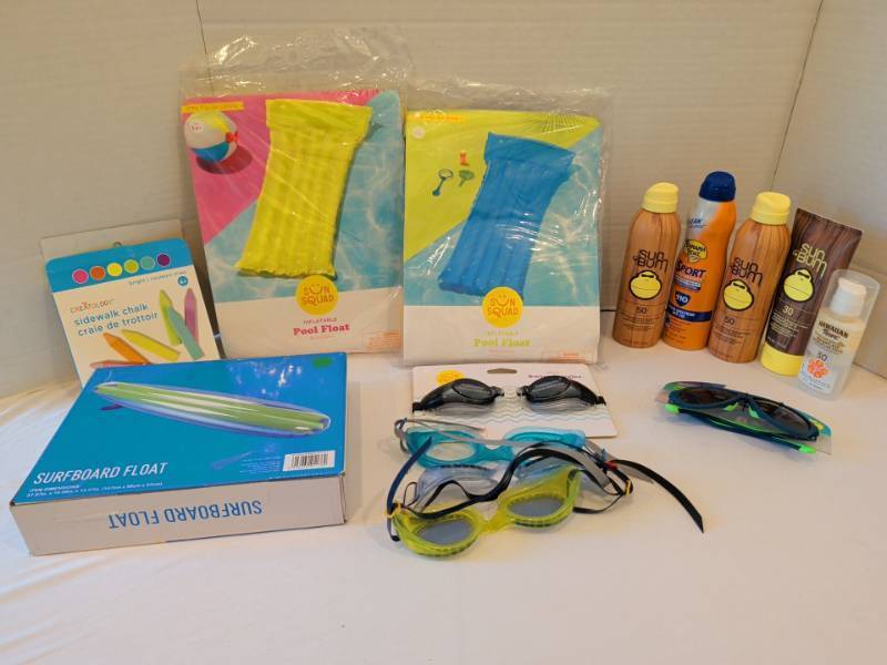 lot 1353 image: Sun Squad Pool Floats, Surfboard Float, Sun Bum Sunscreen, Goggles Summer Lot