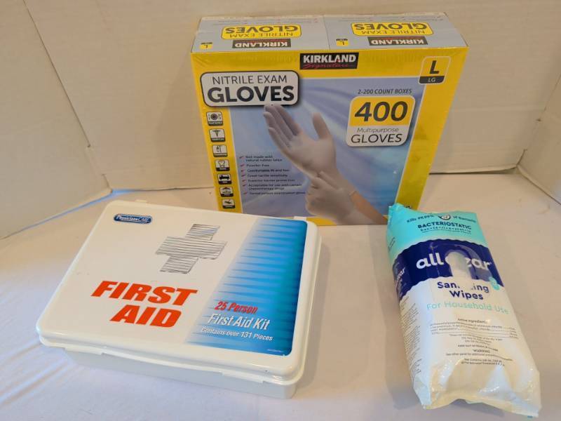 lot 1354 image: Kirkland Nitrile Exam Gloves L 400 Ct, Physicians Care 25 Person First Aid Kit