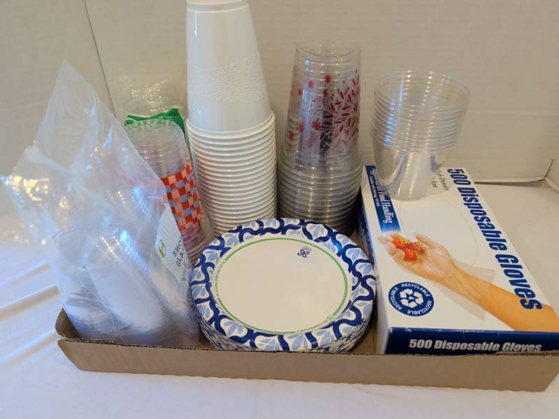 lot 1359 image: Disposable Party Cups Plates Shot Glasses and disposable gloves