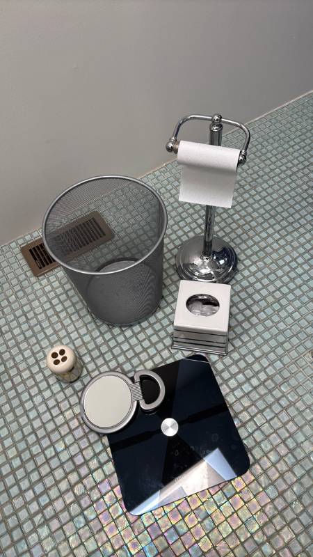 lot 1462 image: Bathroom lot scale, trashcan, tissue box, toothbrush, holder, and toilet paper stand