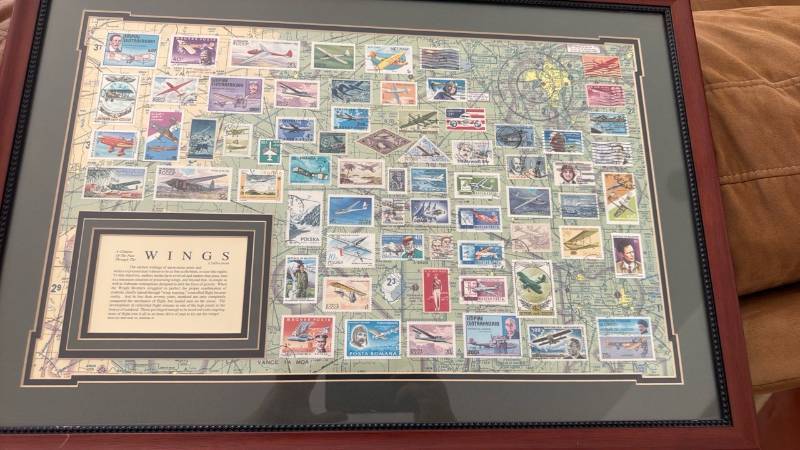 lot 1518 image: Framed Stamp Collage WINGS Collection 18x26