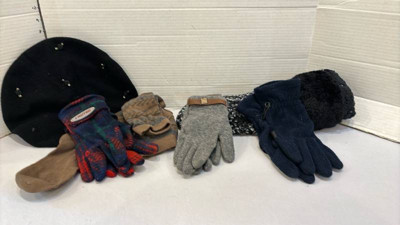 lot 1702 image: Lot of Assorted Gloves, Black Beret Hat and Socks