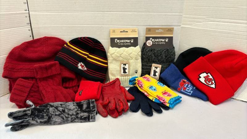 lot 1707 image: BEARPAW Boot Toppers Lot with Chiefs Beanies Gloves and Socks