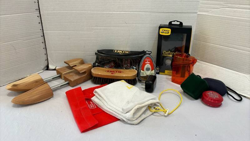 lot 1711 image: Kiwi Shoe Care Lot with Brush, Express Shine Sponge, Shoe Trees and more