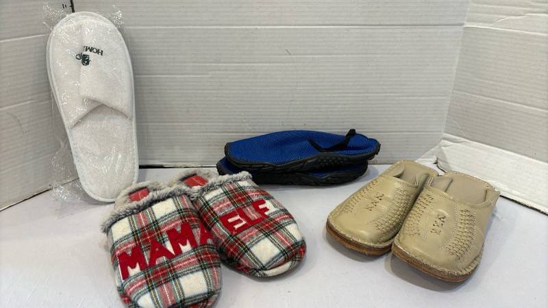 lot 1712 image: MAMA ELF Plaid, Tan Woven, Blue water shoes and more