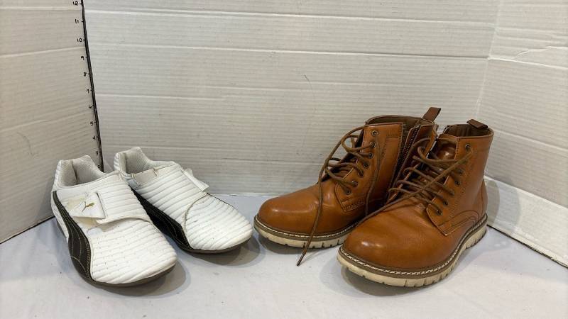 lot 1718 image: Puma White Strap Shoes - size 8 and Steve Madden Tan Lace-Up Zip Boots size 8.5