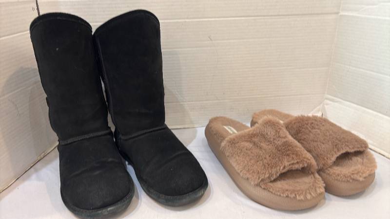 lot 1726 image: Black Pull-On Boots and Tan Fuzzy Slide Slippers Lot of 2 Pairs 6 M