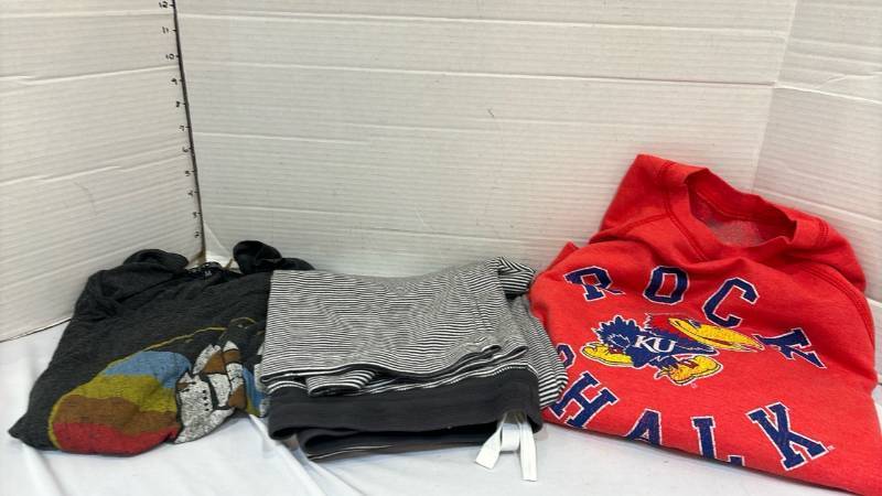 lot 1742 image: Kansas Jayhawks Rock Chalk Swestshirt Size M, NASA Tee and Striped pants