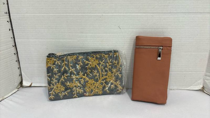 lot 1762 image: Tan Bifold Wallet with Snap Closure and blue Zip Pouch with Gold Embroidery