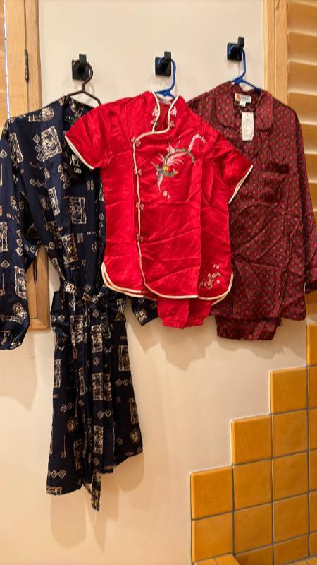 lot 1780 image: Vico Robe with Belt, Red Two-Piece Embroidered Set and Burgundy Patterned Pajama Set