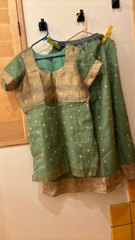 lot 1787 image: Two-Piece Blouse and Skirt Set, Green with Gold-Toned Border